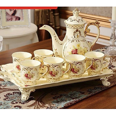 Bộ bình trà sứ phong cách hoàng gia cổ điển màu trắng ngà họa tiết hoa Mẫu Đơn