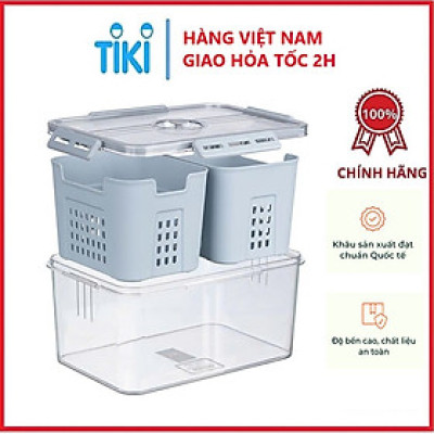 Bộ Hộp Rổ Trong HOKORI Nhựa Cao Cấp - 2 Ngăn Tách Nước - Thực Phẩm Tủ Lạnh - Hàng chính hãng 
