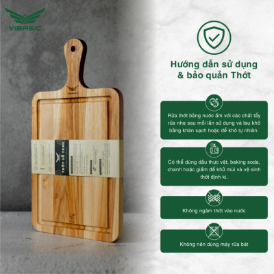 Thớt gỗ teak có tay cầm kháng khuẩn tự nhiên, bám dính tốt không mùn dăm 30x22x1.8cm cắt thái đa năng - chính hãng bộ quốc phòng sản xuất