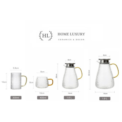 Bình thuỷ tinh chịu nhiệt sần quai vàng | Bộ bình cốc thủy tinh sần Borosilicate chịu nhiệt, chịu lực cao cấp