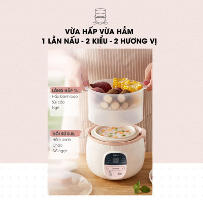Nồi Ninh, Hấp, Nấu Cháo, Nấu Đồ Ăn Dặm Cho Bé 4 Trong 1 BEAR SUBE001 Có Lồng Hấp Dung Tích 0.8 L Công Suất 200W - Hàng Chính Hãng