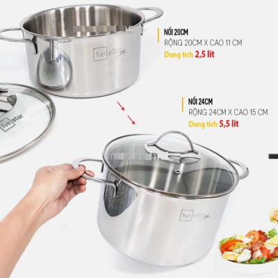 Bộ nồi chảo chống dính tổ ong sâu lòng 3 lớp đáy liền inox 304 Fivestar Plus 5 món quai oval nắp kính , tặng 1 vá canh
