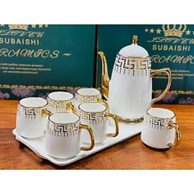 BỘ ẤM CHÉN KÈM KHAY SỨ CAO CẤP PHA TRÀ CÀ PHÊ TRẮNG HỌA TIẾT MẮT XÍCH