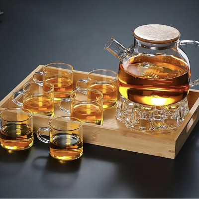 BỘ ẤM CHÉN THỦY TINH PHA TRÀ KÈM KHAY, ĐẾ CHÂM NẾN HÌNH TIM CAO ẤP CHỊU NHIỆT - VD102