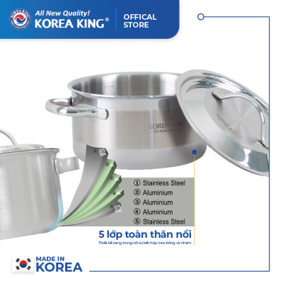 KP-18S5PLY Nồi inox 5 lớp đáy liền Korea King (Nồi, nắp đều bằng inox, đường kính 18cm, dung tích 2L)-Hàng chính hãng