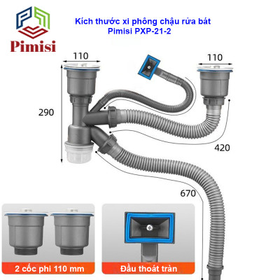 Xi Phông Chậu Rửa Chén Bát 2 Hốc Phi 110 Pimisi Cao Cấp Đầu Bầu Inox 304 - Dùng Để Xả Thải Nước Chậu Rửa Bát Đôi Dập Đúc Loại Ống Thải Nước To Bằng Nhựa Chun Uốn, Bầu Chống Mùi Hôi Và Giảm Dầu Mỡ Xuống Ống Dẫn - Có Đầu Thoát Tràn | Hàng Chính Hãng