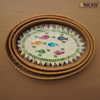 Khay Mây Khảm Trai Hình Bầu Dục Đựng Bánh Kẹo, Trái Cây, Khay Trang Trí Decor Nhà Cửa, Sản Phẩm Thủ Công Từ Mây Tự Nhiên