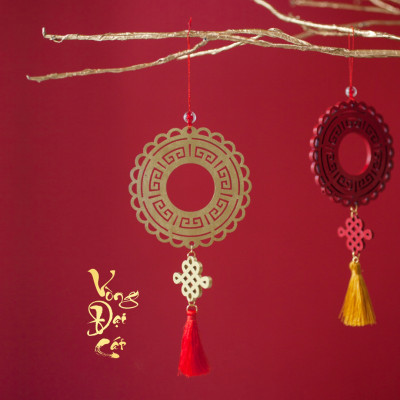 Combo 12V - Bộ 12 dây treo trang trí tết Khai Lộc Hoàng Kim màu Vàng,handmade,chất liệu gỗ, kim loại cắt CNC hoa văn sắc sảo, treo cành mai, đào, lan, quà tặng độc đáo ý nghĩa