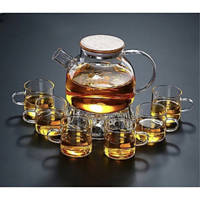 BỘ ẤM CHÉN PHA TRÀ THỦY TINH 1000ML KÈM ĐẾ CHÂM NẾN HÌNH TIM - VS112