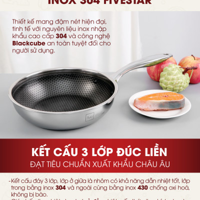 Bộ nồi chảo chống dính sâu lòng tổ ong 3 lớp đáy liền inox 304 Fivestar Plus quai oval nắp kính , tặng 1 sạn inox