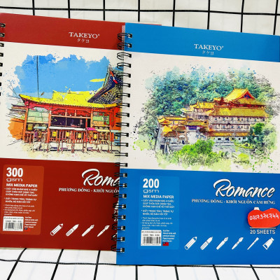 Sổ Vẽ Lò Xo Đa Năng Cao Cấp 20 Tờ Size A4-A5 Định Lượng Giấy 200GMS Và 300GMS Bìa Nhựa Chống Thấm Nước ROMACE TAKEYO, Sổ Vẽ Chuyên Dùng Cho Màu Nước