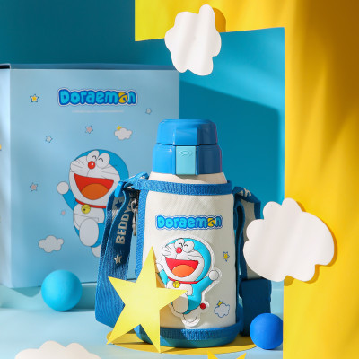 Bình giữ nhiệt cho Bé Doraemon xanh - Chính hãng 100% BeddyBear - Dung tích 600 ml - 2 Nắp thay thế - Inox 316 -bh 1 năm