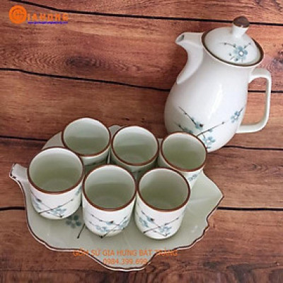 Bộ bình nước men kem vẽ hoa đào gốm sứ GIa Hưng Bát Tràng
