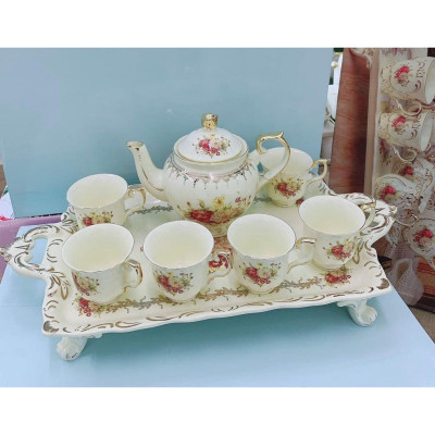 BỘ ẤM CHÉN SỨ HOA MẪU ĐƠN THẤP PHONG CÁCH HOÀNG GIA KÈM KHAY VIỀN VÀNG CAO CẤP