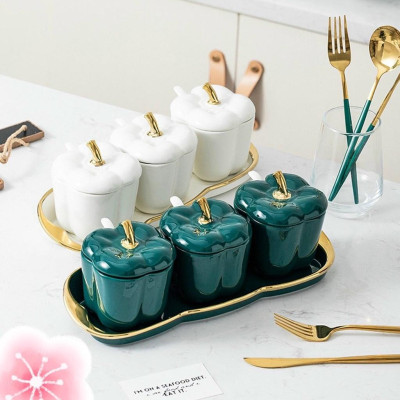 Bộ 3 hũ đựng gia vị bằng sứ cao cấp hình quả ớt chuông màu trắng