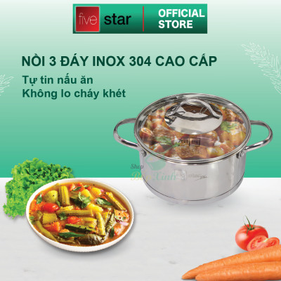 Bộ nồi chảo chống dính cao cấp Fivestar 6 món 3 đáy từ nắp kính ( tặng bộ sạn dừa 4 món )
