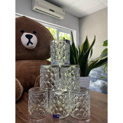 Bộ 6 cốc thủy tinh viền vàng họa tiết hoa 4 cánh DSKB 011