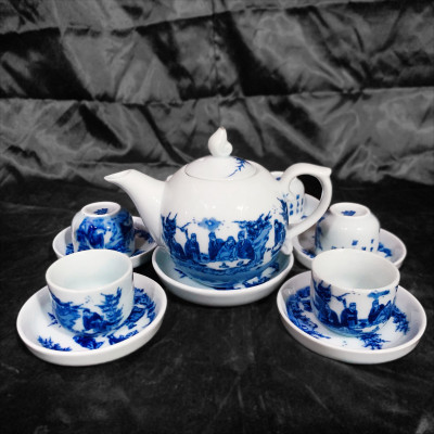 Bộ ấm chén men lam số 1 cỡ lớn gốm sứ Bát Tràng (bộ bình uống trà, bộ bình trà)