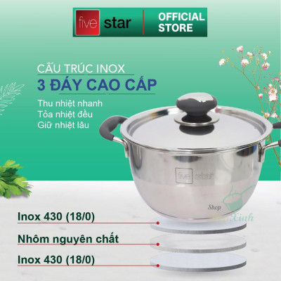 Bộ nồi chảo 3 đáy inox 430 Thân Cool Fivestar Standard quai silicon chống nóng nắp inox bếp từ , tặng 2 vá canh