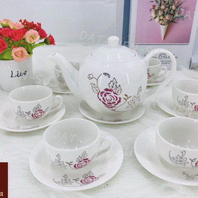 Bộ cốc chén phà trà sứ camelia kèm 7 đĩa lót tách  trắng họa tiết hoa hồng ( Giao ngẫu nhiên ) - ANTH463