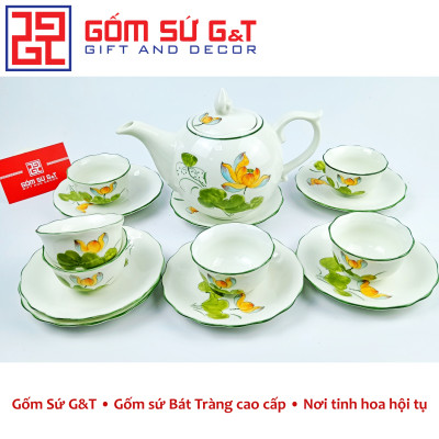 Bộ trà chóp lửa men kem vẽ sen vàng Gốm Sứ G&T