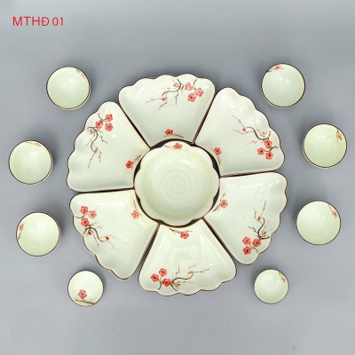 Bộ bát đĩa hoa mặt trời 15 món, men kem. Gốm sứ Bát Tràng.