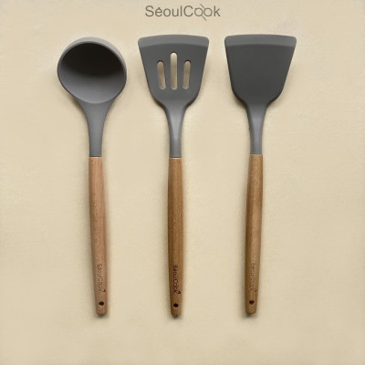 Bộ 3 dụng cụ nấu ăn Vá/ Sạn/Xẻng có rãnh cán gỗ Seoulcook cao cấp, chống dính dùng cho nhà bếp