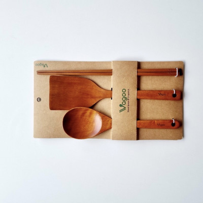 Bộ Dụng Cụ Bếp (Đũa, Sạn, Vá) Bằng Gỗ Nhãn Tự Nhiên - VAGOO - Làm Thủ Công Chống Thấm, Chống Ẩm Mốc, An Toàn Sức Khoẻ
