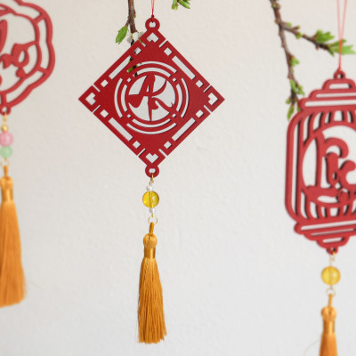 Dây treo trang trí Tết chữ AN thư pháp màu đỏ, màu vàng ( combo tiết kiệm 3 dây) phụ kiện handmade gỗ khắc hoa văn thư pháp treo mai đào