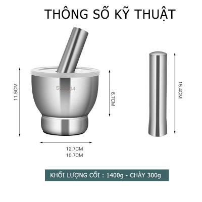Bộ Chày Cối Inox 304 Nguyên Khối Không Vết Hàn Có Lắp Đạy Kèm Chày Dã Đồ Cực Nhuyễn Mịn Cho Gia Đình - HÀNG CHÍNH HÃNG MINIIN