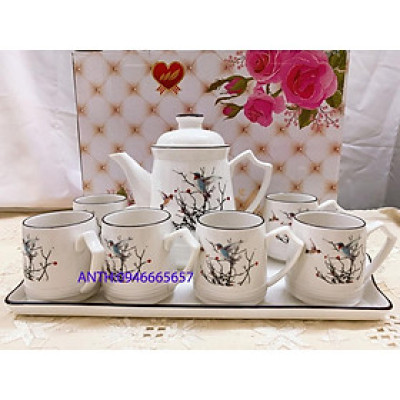 Bộ ấm chén kèm khay sứ pha trà trắng họa tiết cây và chim
