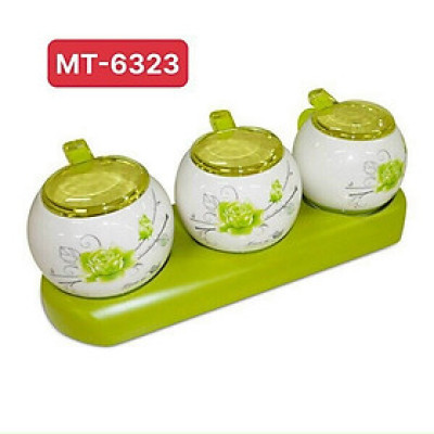 Bộ 3 Hũ Sứ Đựng Gia Vị Hoạ Tiết Hoa Văn( tặng khăn lau đa năngAVN-24