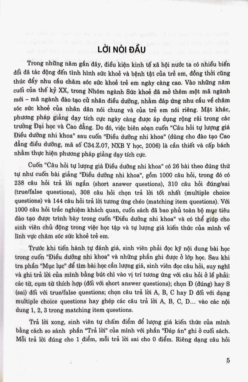 Câu hỏi tự lượng giá điều dưỡng nhi khoa (dùng cho đào tạo cao đẳng điều dưỡng)