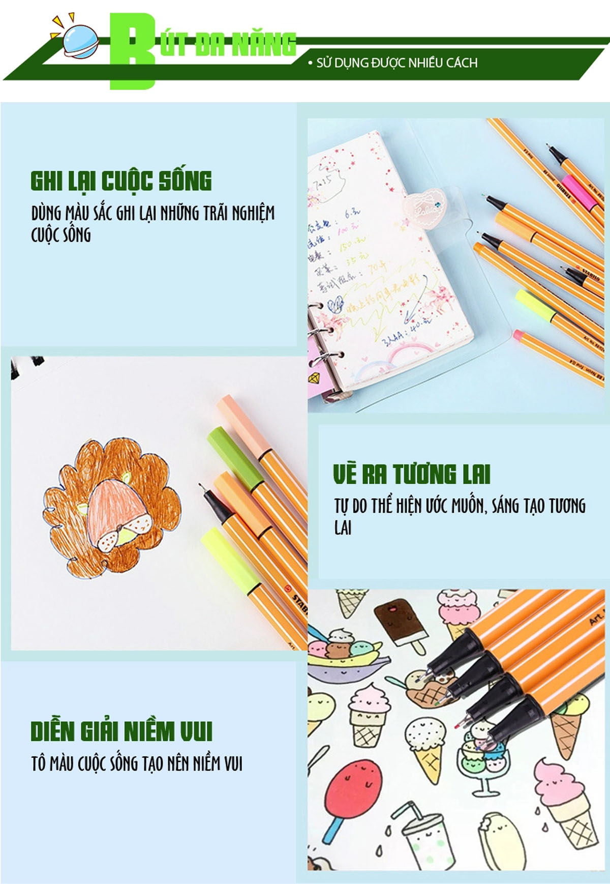 ECO bút kim STABILO Point 88 0.4mm (PT88) - Bộ 9 bút tông màu đen + Sách tô màu SACB (PT88/BK-C9G)