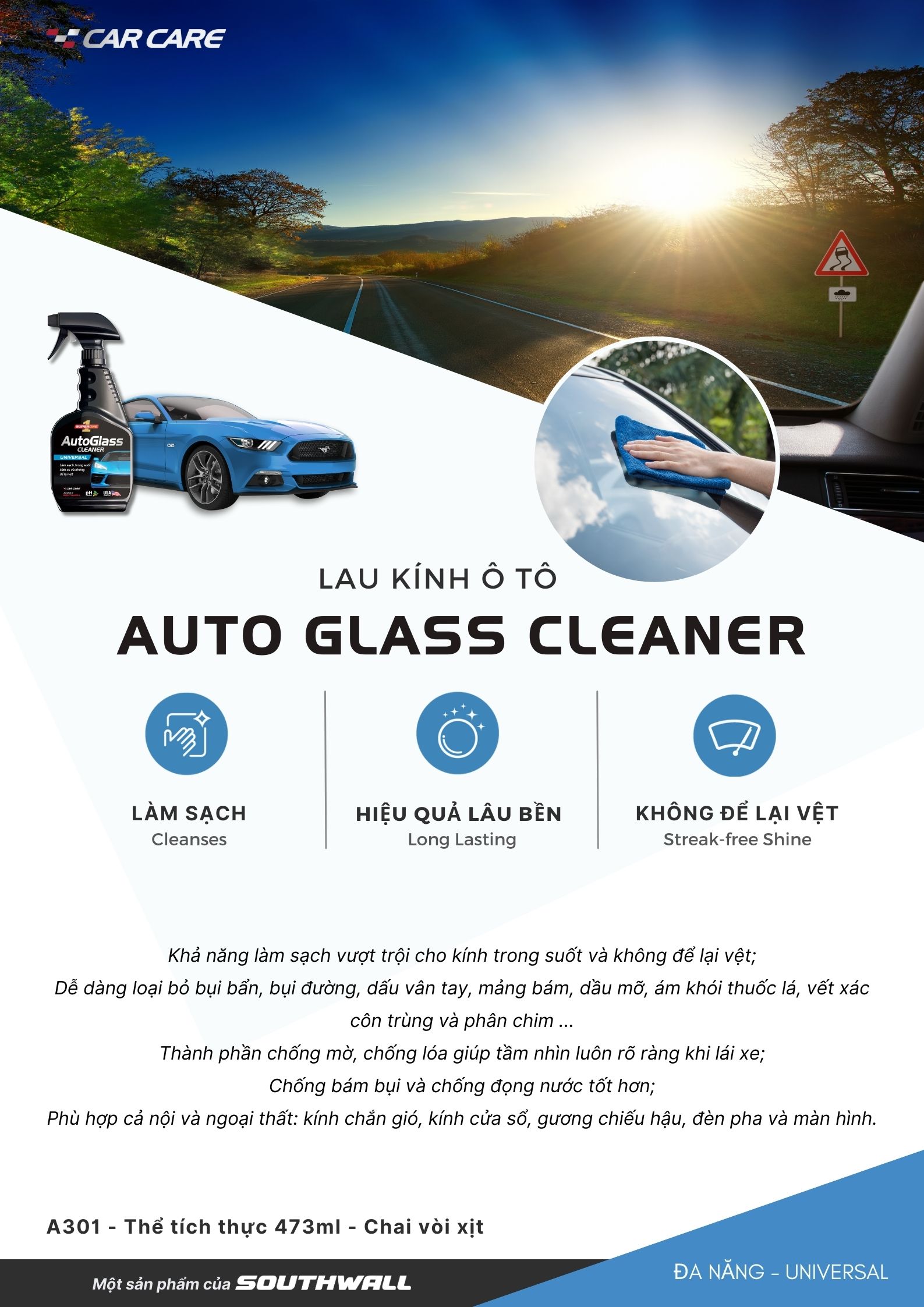 Nước Lau Kính Ô Tô SUPERONE Auto Glass Cleaner - Universal SOUTHWALL A301