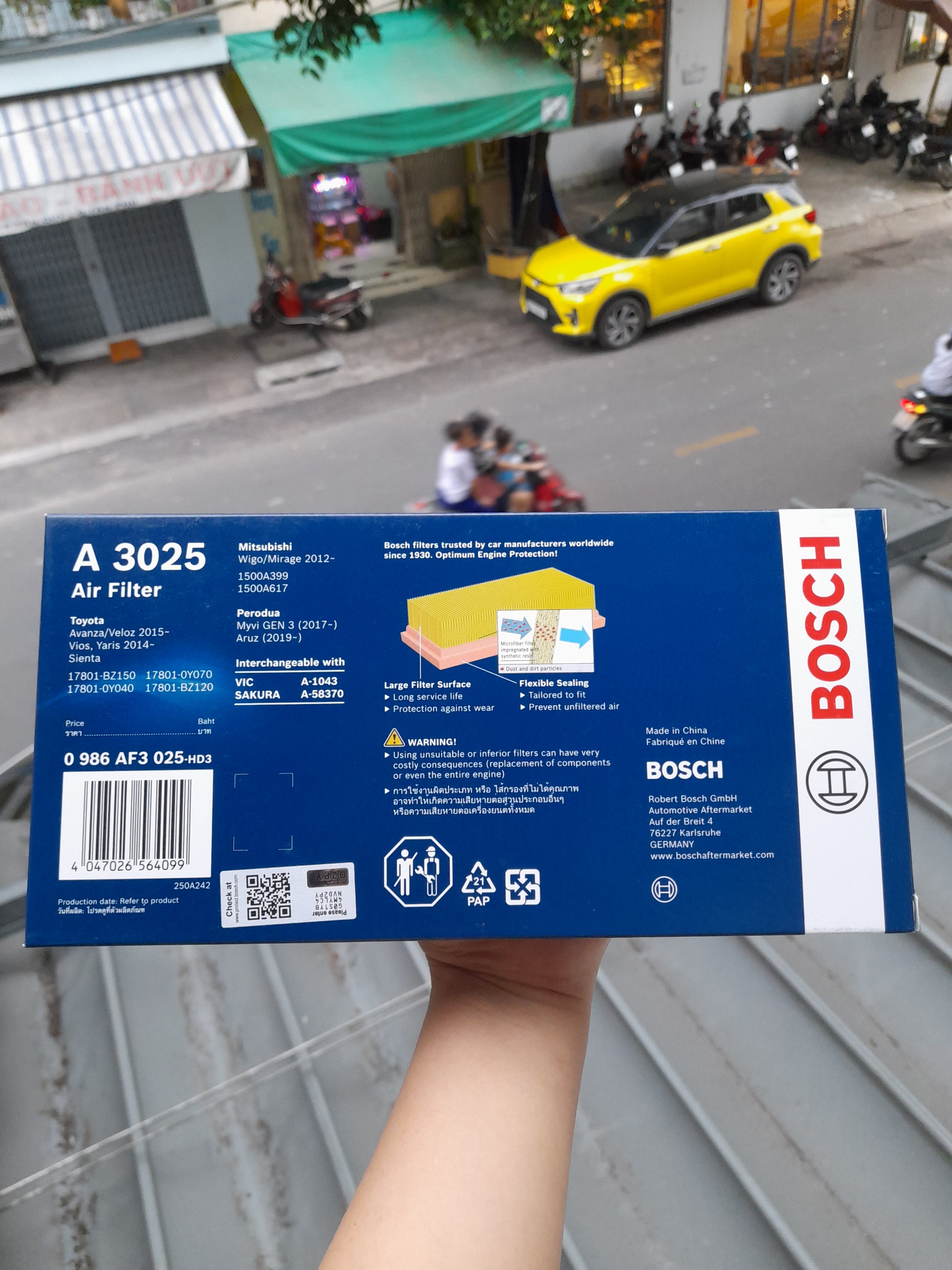 Lọc Gió Động Cơ BOSCH A3025 TOYOTA Vios P15 1.5i/1.3i (13-16),Avanza 1.3/1.5 (15-)...vv