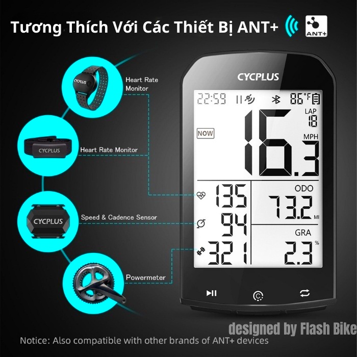 Cycplus M1 Đồng Hồ Tốc Độ Xe Đạp GPS ANT+ Bluetooth 5.0 Speedometer LCD 2.9" Backlight IPX6 Tương Thích Strava Garmin