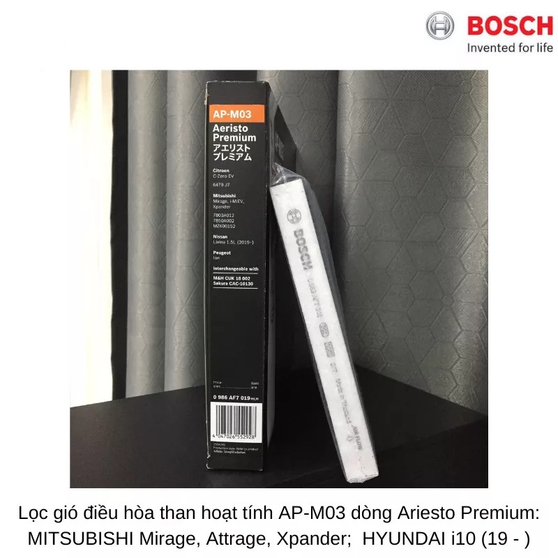 Lọc gió điều hòa than hoạt tính BOSCH AP-M03 Dòng Xe Ariesto Premium: MITSUBISHI Mirage, Xpander; HYUNDAI i10 (19 - )