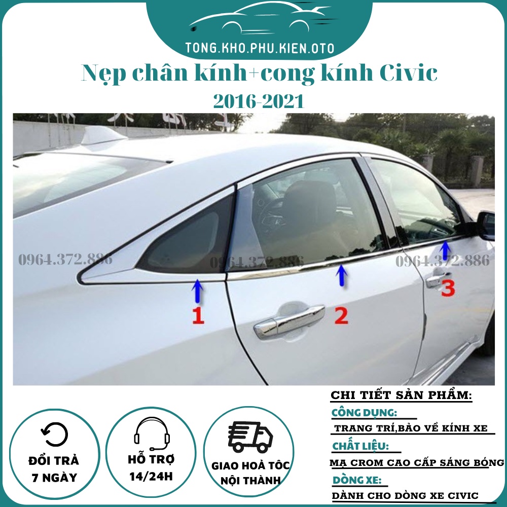Nẹp viền chân kính, cong kính xe Honda Civic đời 2016 - 2021 Mẫu inox 304 cao cấp