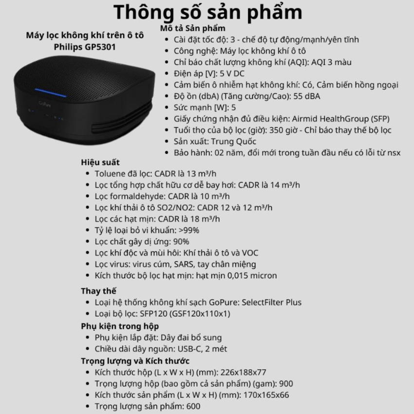 Máy khử mùi, lọc không khí trên xe ô tô Philips GP5301 - Cảm biến chất lượng không khí: 3 màu AQI - HÀNG NHẬP KHẨU