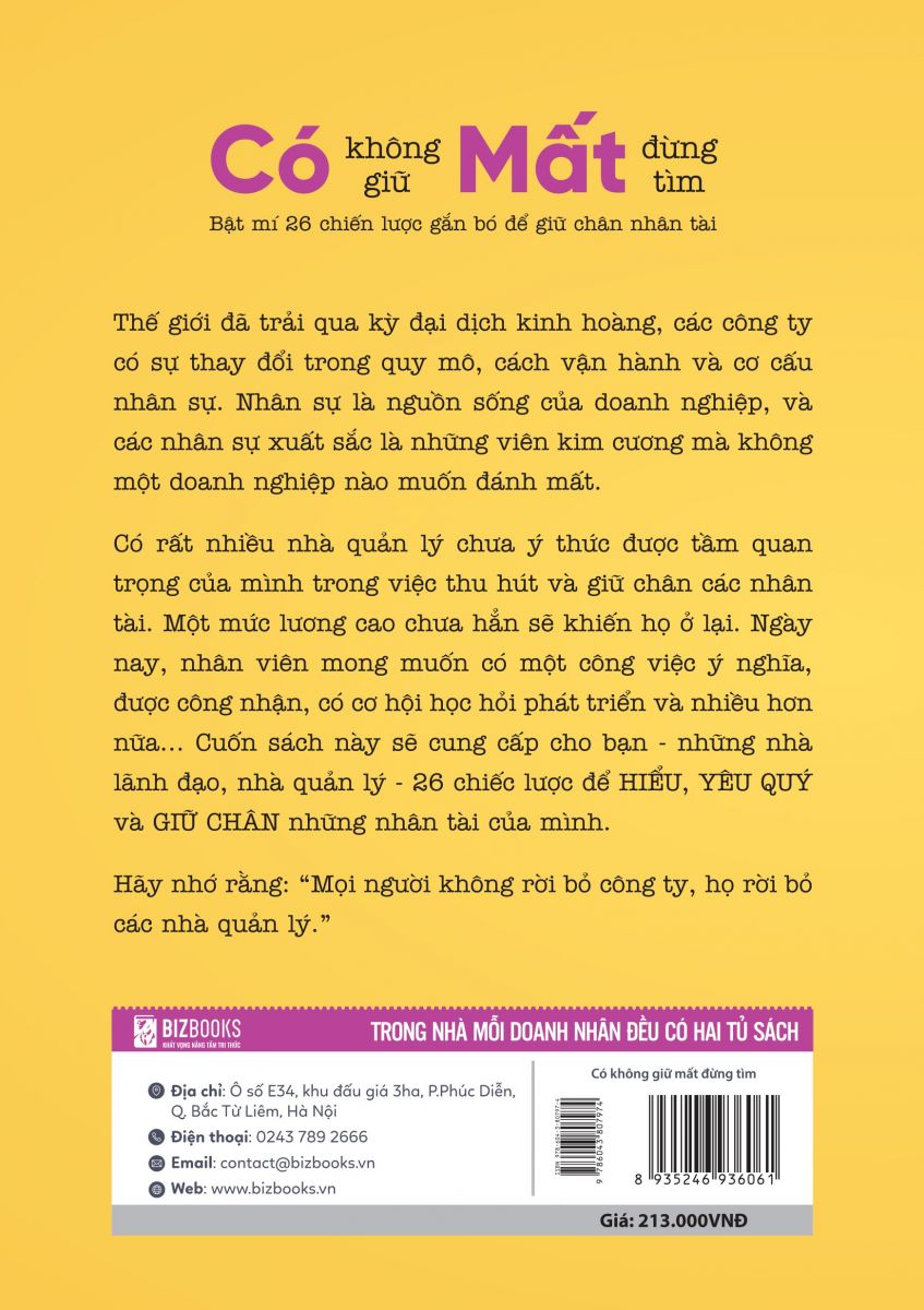 Sách Bizbooks - Có không giữ, mất đừng tìm: Bật mí 26 chiến lược gắn bó để giữ chân nhân tài