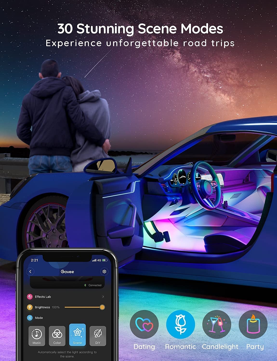 Dây Đèn LED trang trí nội thất ô tô Govee RGBIC Interior Car Lights H7090 | Điều khiển qua App và Remote, nháy theo nhạc