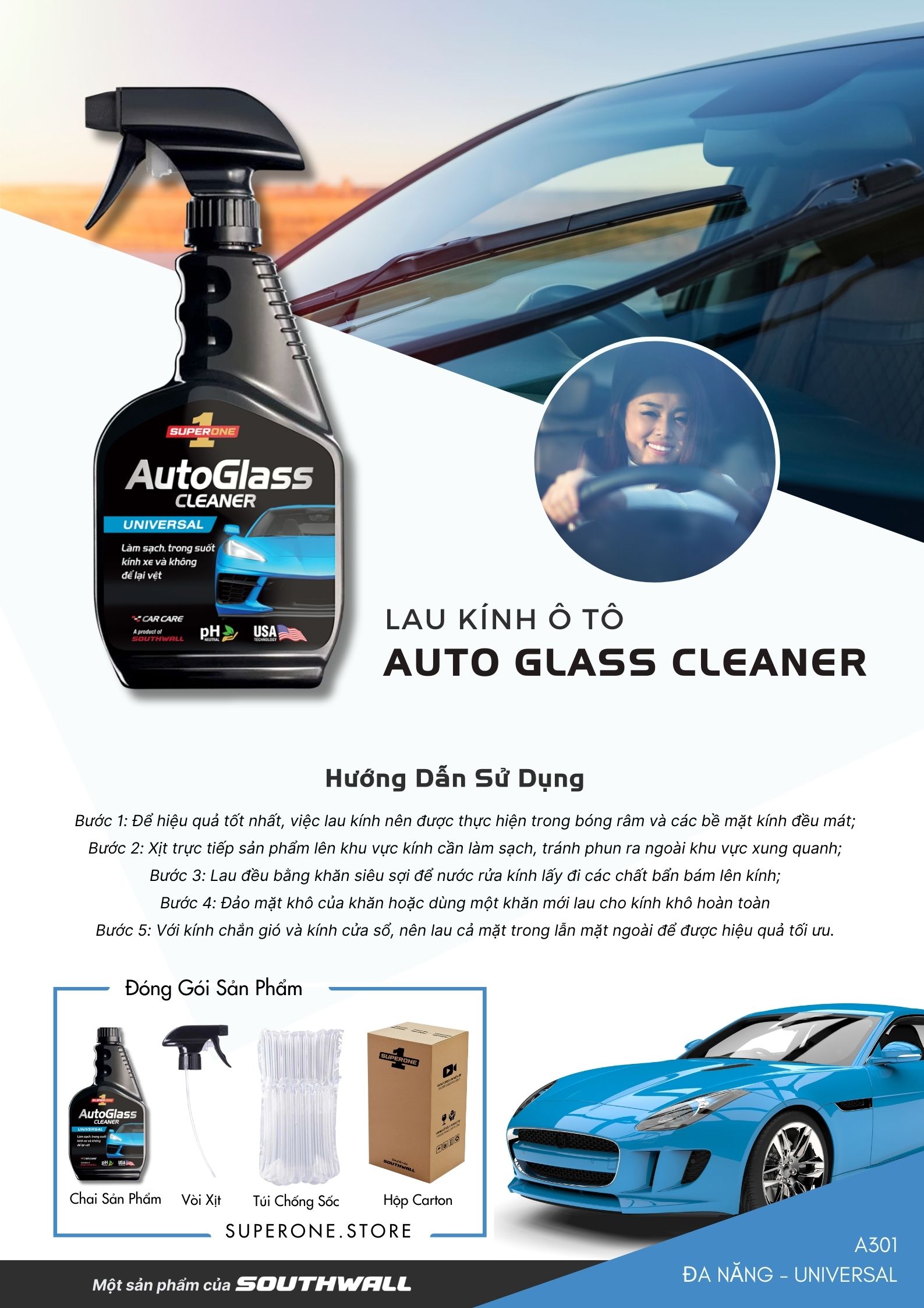 Nước Lau Kính Ô Tô SUPERONE Auto Glass Cleaner - Universal SOUTHWALL A301