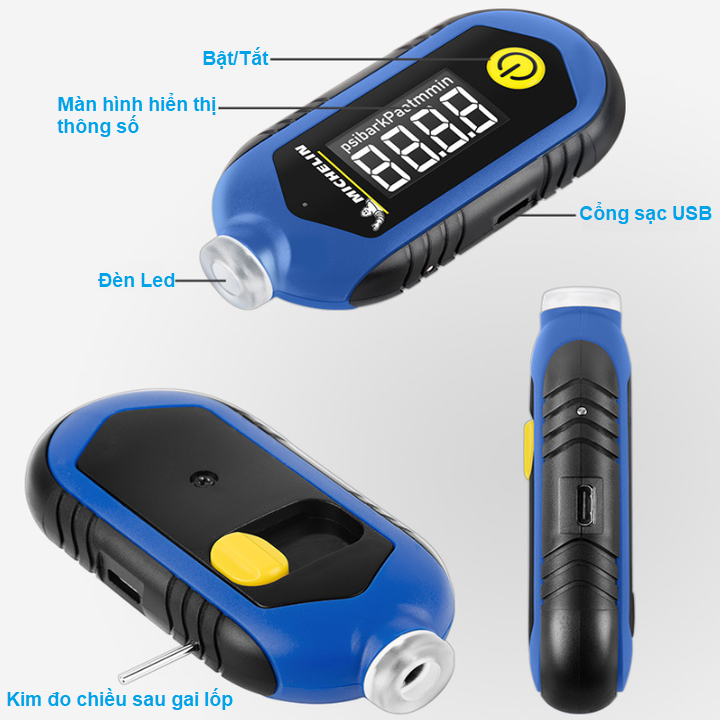Đồng hồ đo áp suất lốp điện tử Michelin M2209, màn hình LCD 1 inch, đơn vị đo Psi, Kpa, Bar, At (Kg/cm2) - Hàng Chính Hãng