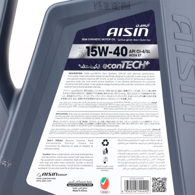 Dầu Nhớt Bán Tổng Hợp AISIN Econtech+ CI4/SL 15W40 4 Lít ECSI1544P - Nhập Khẩu Chính Hãng