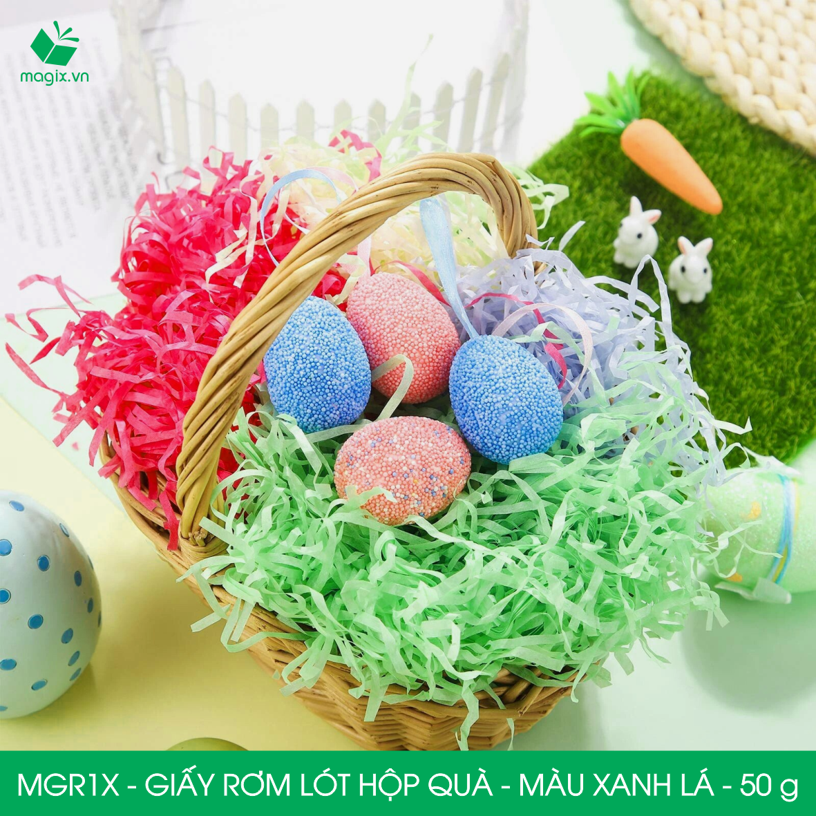 MGR1X - 50g Giấy rơm lót hộp quà màu xanh lá - Giấy sợi rơm trang trí - Giấy vụn chống sốc