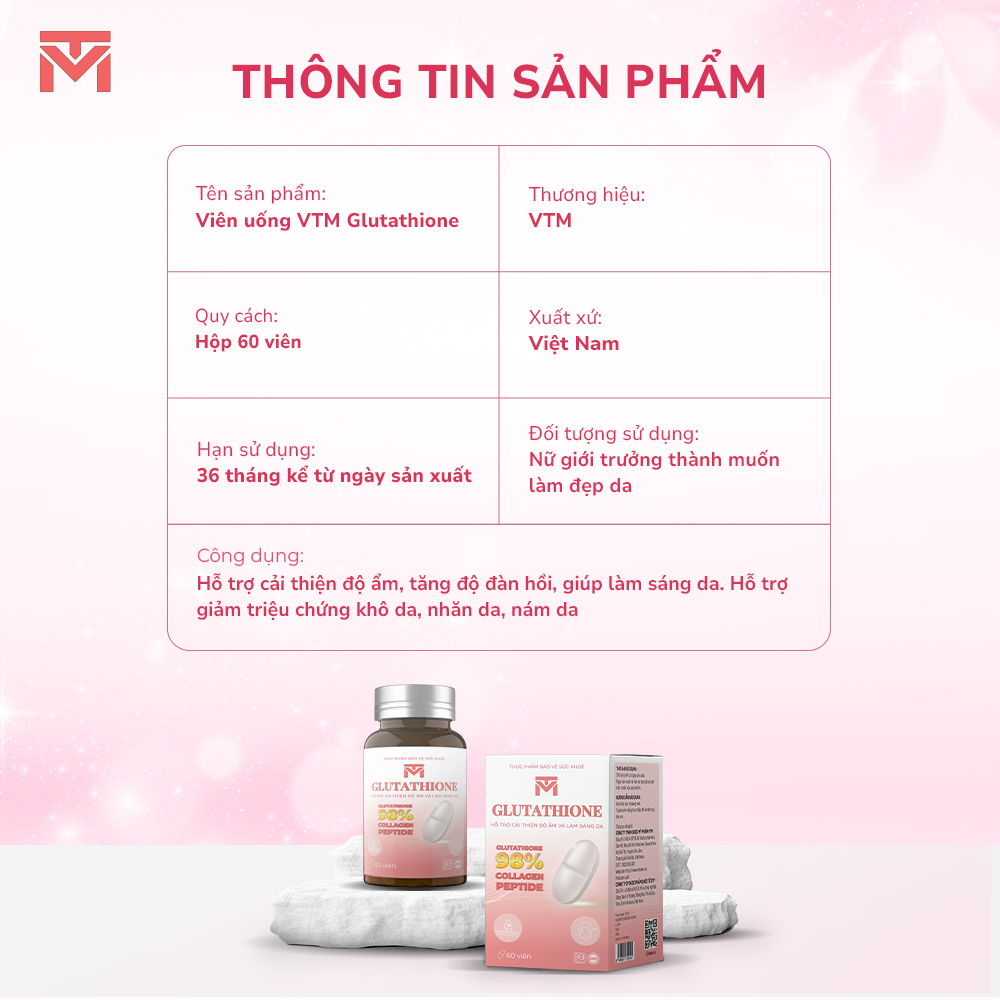Viên uống Glutathione VTM hỗ trợ làm sáng da, hỗ trợ giảm triệu chứng khô da, nhăn da, nám da - 30 ngày