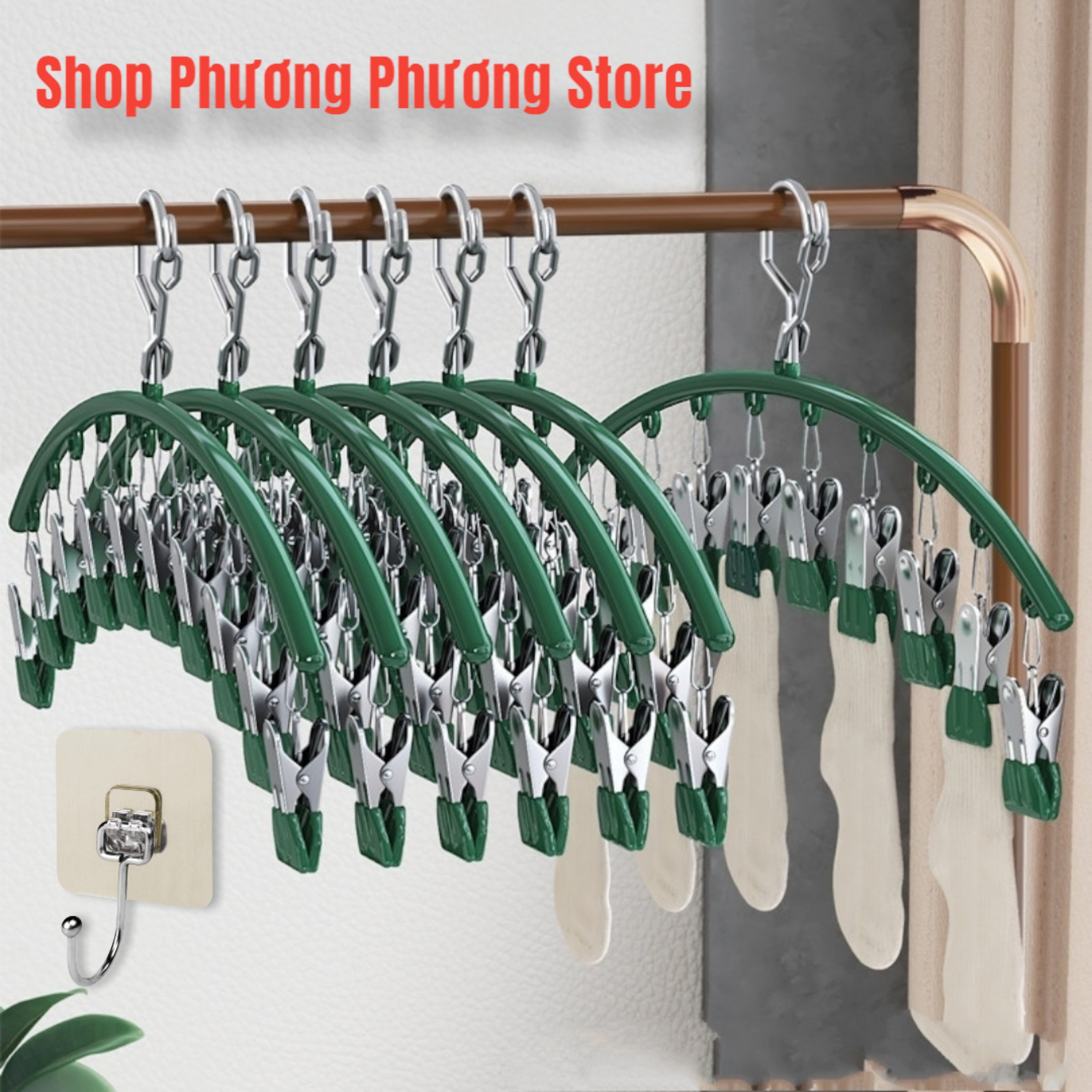 Combo Móc phơi quần áo inox có khóa móc treo chắc chắn - 10 kẹp được phủ nhựa chống sầy xước khi phơi đồ ( tặng móc dán inox to ) Hàng Cao Cấp
