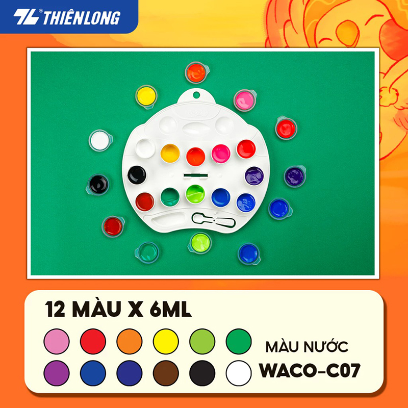 Màu nước Thiên Long 12 màu kèm khay, bút WACO-C07
