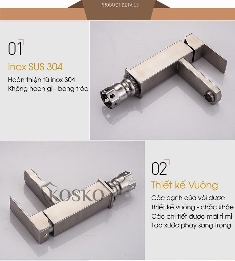 Vòi lavabo nóng lạnh inox 304 KOSKO, vòi sen tắm nóng lạnh chất lượng LOẠI 1